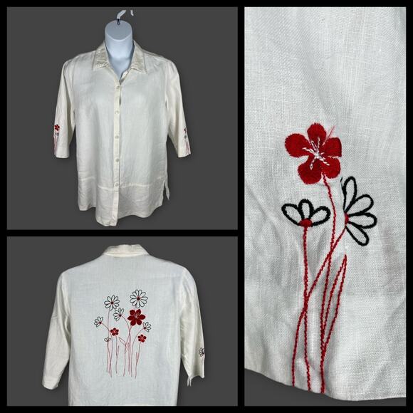 Norton McNaughton White Linen Floral Embroidered Button Collared Tunic Top XL - Picture 1 of 6
